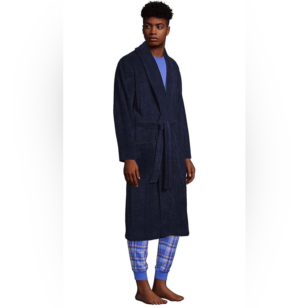 Lands' End Mens Calf Length Terry Robe in Radiant Navy, size Medium